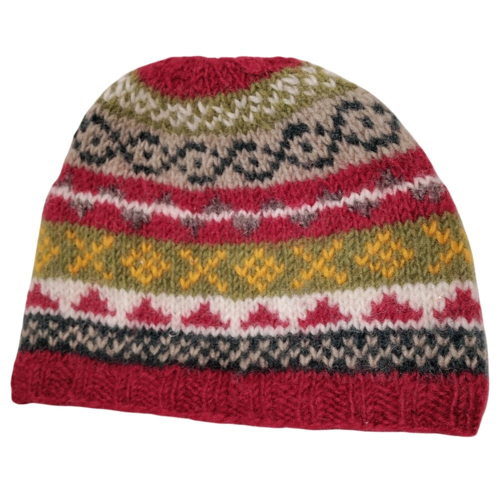 Pachamama Hand Knitted Wool Beanie Fair Isle Fleece‎ Lined Winter Hat Multicolor